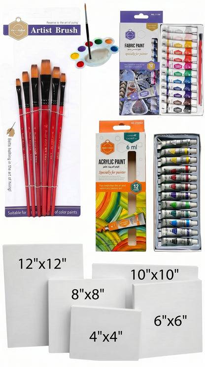 Complete Acrylic & Fabric Painting Kit Bundle – Canvas Set (4x4 to 12x12), Artist Brushes, 24 Colors Paint Set