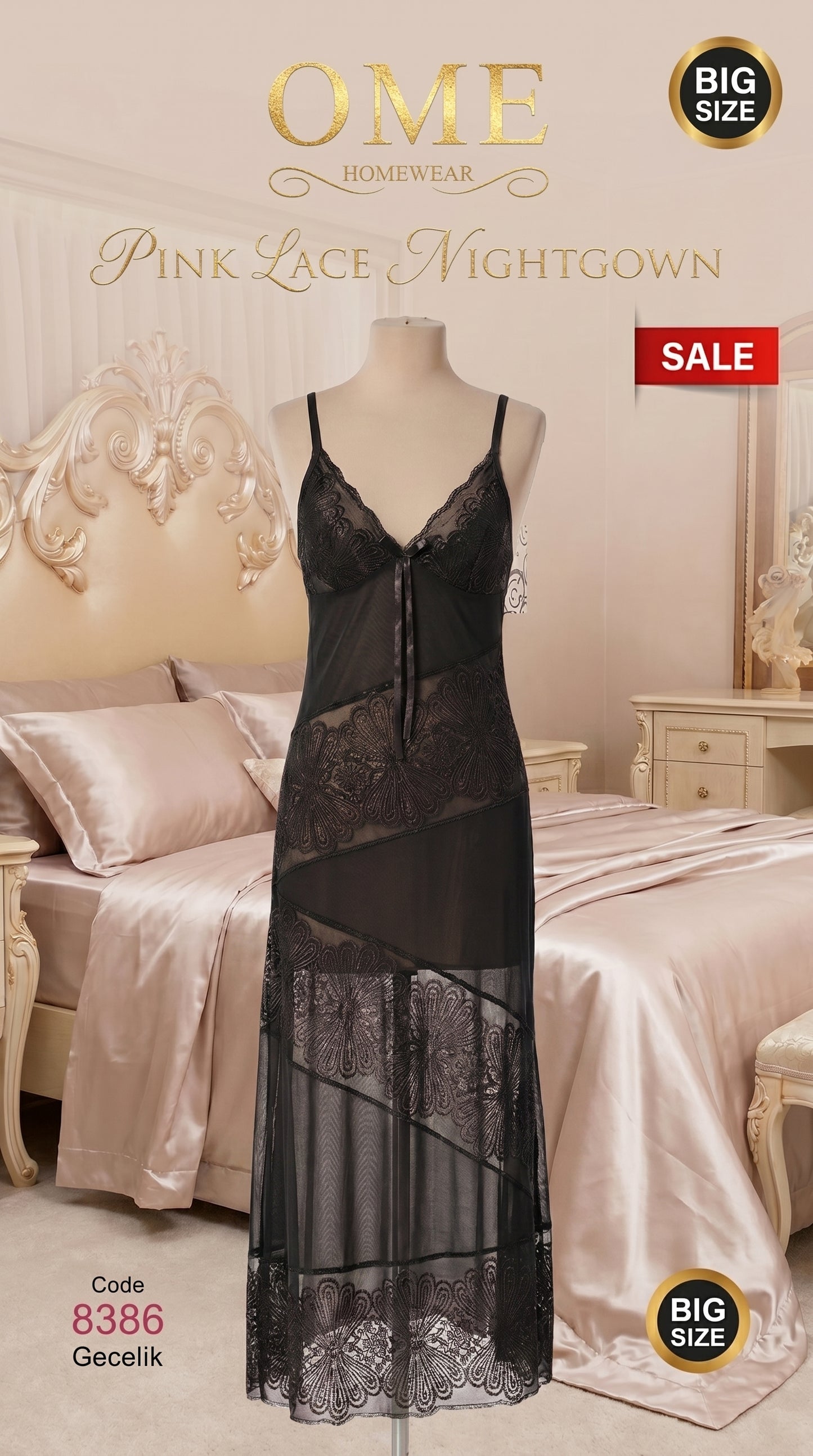 Elegant Lace Long Night Dress for Women – Pink Transparent Net Maxi Nighty, Bridal Sleepwear.