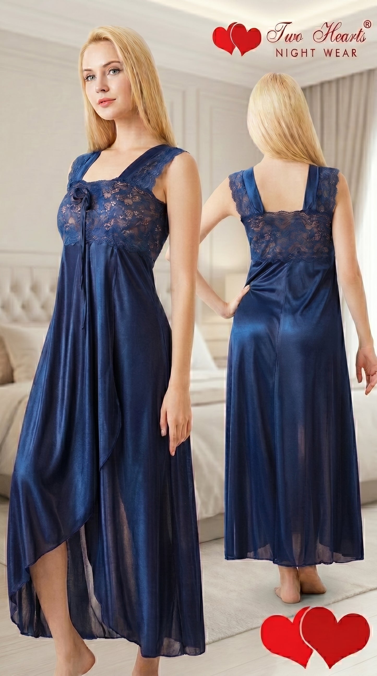 Luxury Satin Lace Long Night Dress for Women – Navy Blue Maxi Nighty, Elegant Sleepwear with Sheer Finish