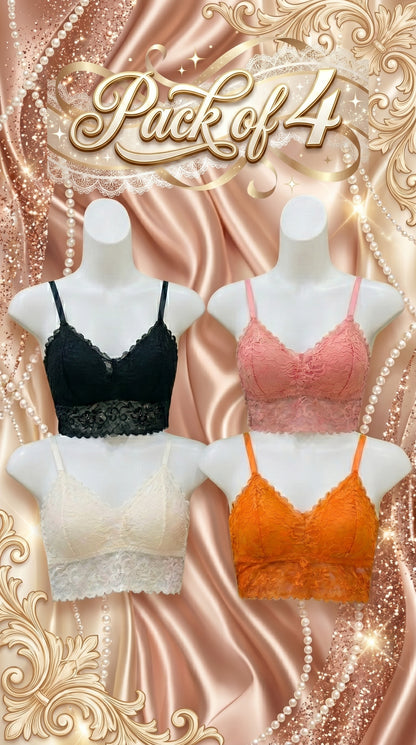 Pack of 4 Free Size Lace Bralette Bras for Women – Comfortable Wireless Padded Crop Top Bra Set (Black, White, Peach, Orange)