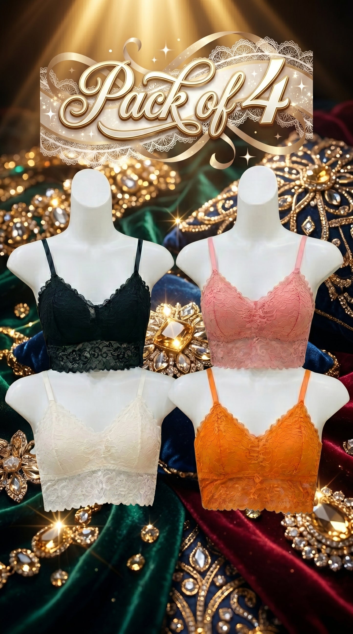 Pack of 4 Free Size Lace Bralette Bras for Women – Comfortable Wireless Padded Crop Top Bra Set (Black, White, Peach, Orange)