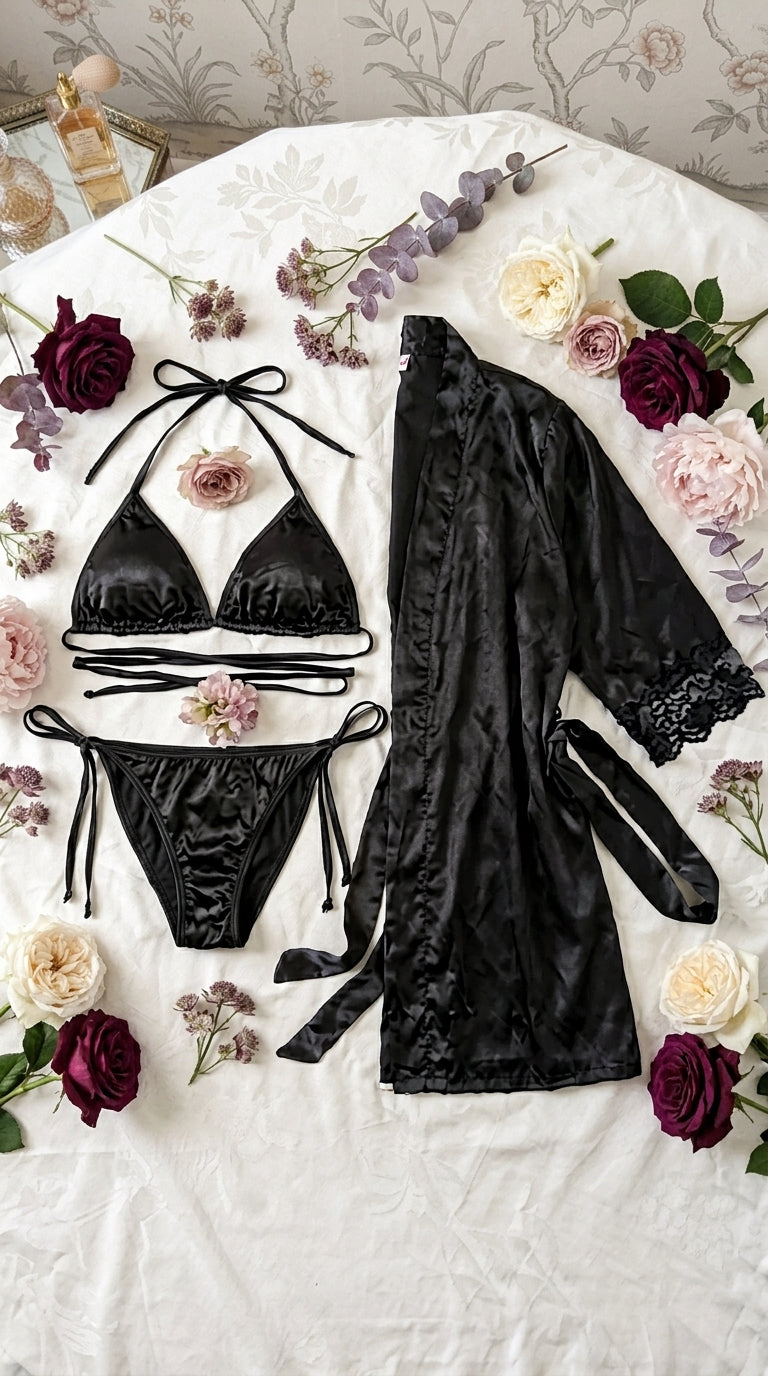 Elegant 3-Piece Bikini Nighty with Gown |Satin Nightwear Set with Robe | Bridal & Honeymoon Sleepwear
