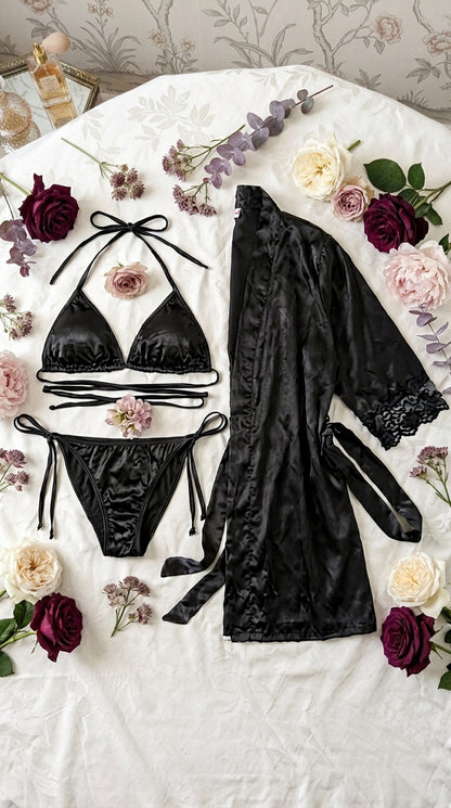 Elegant 3-Piece Bikini Nighty with Gown |Satin Nightwear Set with Robe | Bridal & Honeymoon Sleepwear