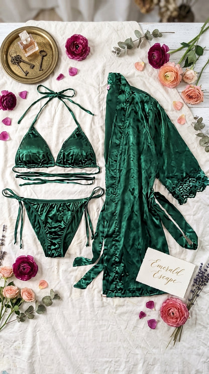 Elegant 3-Piece Bikini Nighty with Gown |Satin Nightwear Set with Robe | Bridal & Honeymoon Sleepwear