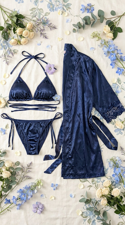 Elegant 3-Piece Bikini Nighty with Gown |Satin Nightwear Set with Robe | Bridal & Honeymoon Sleepwear