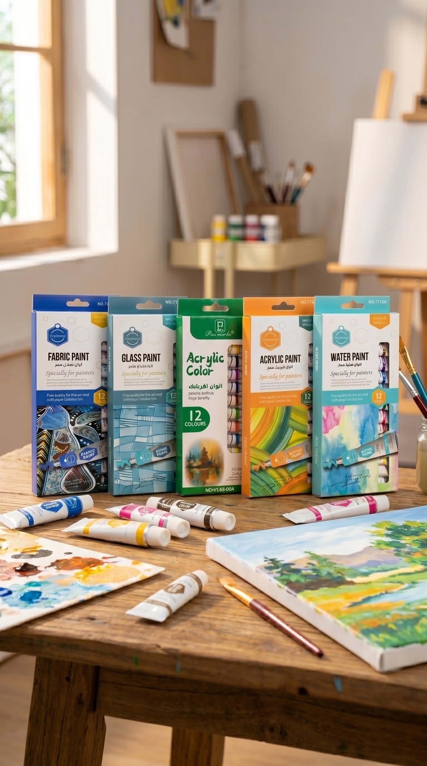 5-in-1 Paint Set – Acrylic, Glass, Fabric & Water Colors Kit (Pack of 5 x 12 Colors) | Professional Art Supplies for Beginners & Artists