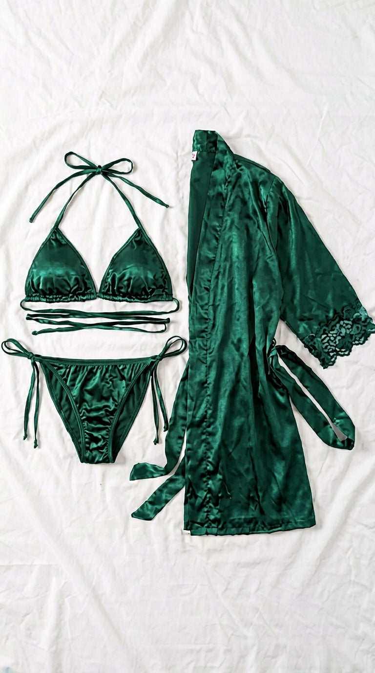 Elegant 3-Piece Bikini Nighty with Gown |Satin Nightwear Set with Robe | Bridal & Honeymoon Sleepwear