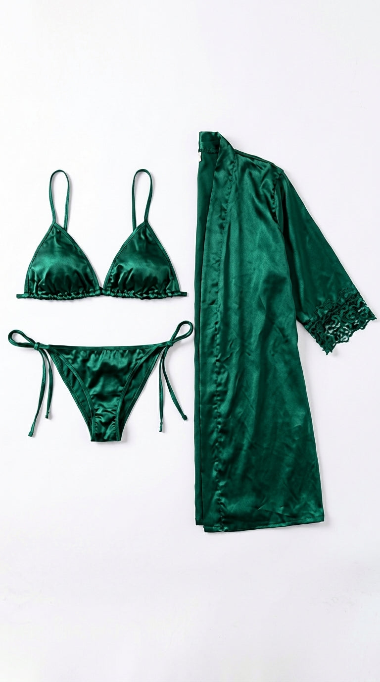 Elegant 3-Piece Bikini Nighty with Gown |Satin Nightwear Set with Robe | Bridal & Honeymoon Sleepwear