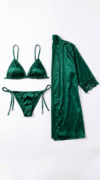 Elegant 3-Piece Bikini Nighty with Gown |Satin Nightwear Set with Robe | Bridal & Honeymoon Sleepwear