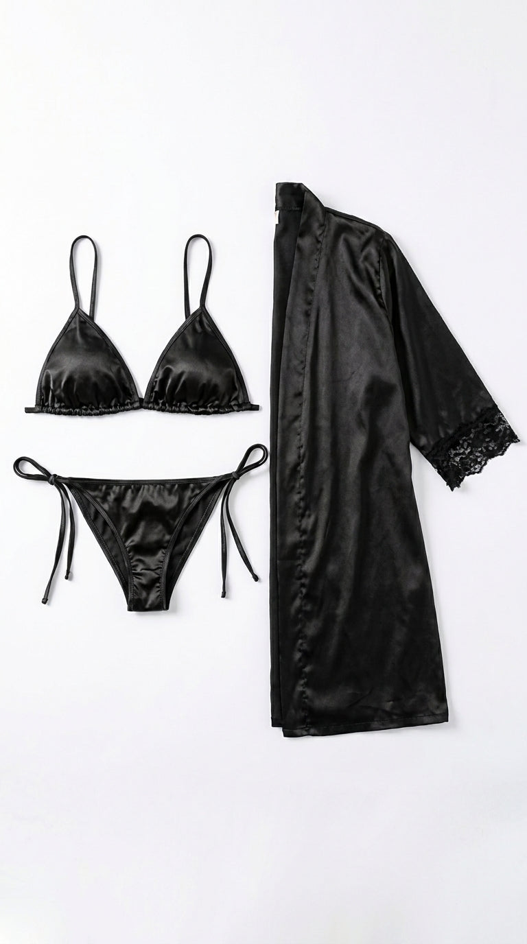 Elegant 3-Piece Bikini Nighty with Gown |Satin Nightwear Set with Robe | Bridal & Honeymoon Sleepwear