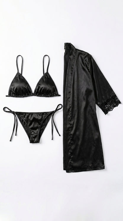 Elegant 3-Piece Bikini Nighty with Gown |Satin Nightwear Set with Robe | Bridal & Honeymoon Sleepwear
