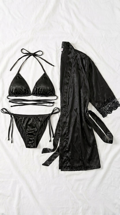 Elegant 3-Piece Bikini Nighty with Gown |Satin Nightwear Set with Robe | Bridal & Honeymoon Sleepwear