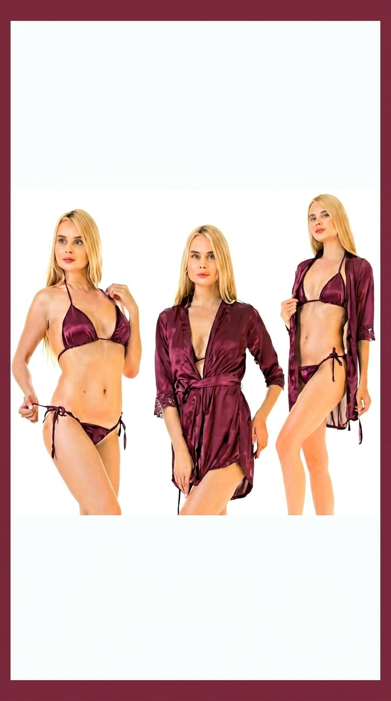 Elegant 3-Piece Bikini Nighty with Gown |Satin Nightwear Set with Robe | Bridal & Honeymoon Sleepwear
