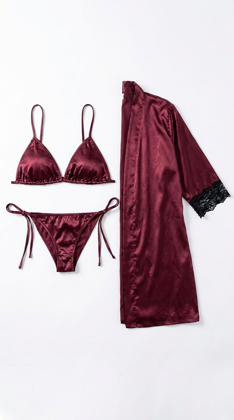 Elegant 3-Piece Bikini Nighty with Gown |Satin Nightwear Set with Robe | Bridal & Honeymoon Sleepwear