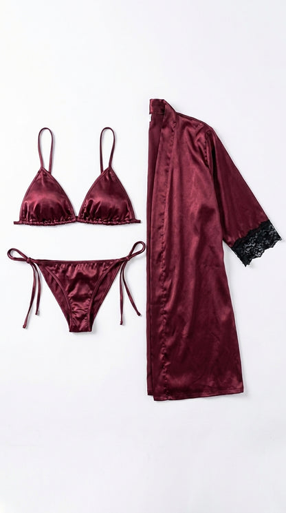 Elegant 3-Piece Bikini Nighty with Gown |Satin Nightwear Set with Robe | Bridal & Honeymoon Sleepwear