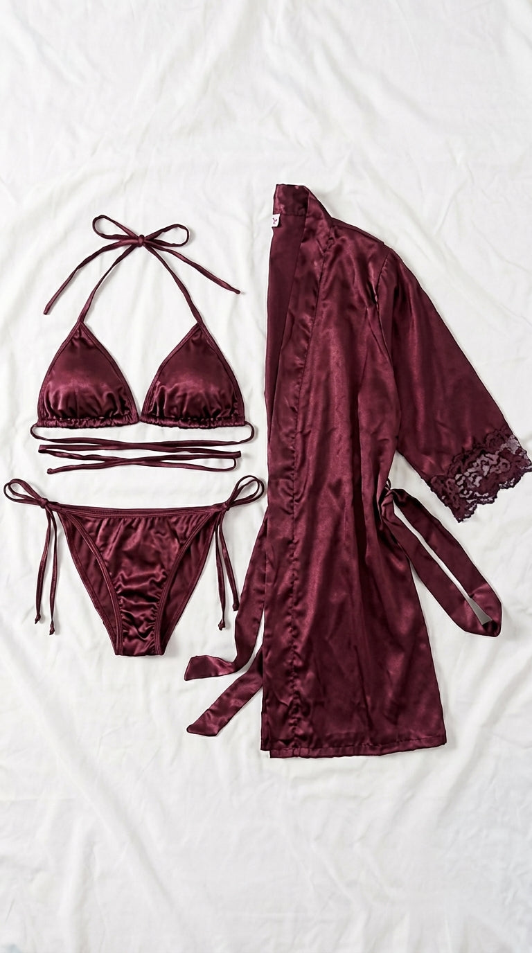 Elegant 3-Piece Bikini Nighty with Gown |Satin Nightwear Set with Robe | Bridal & Honeymoon Sleepwear