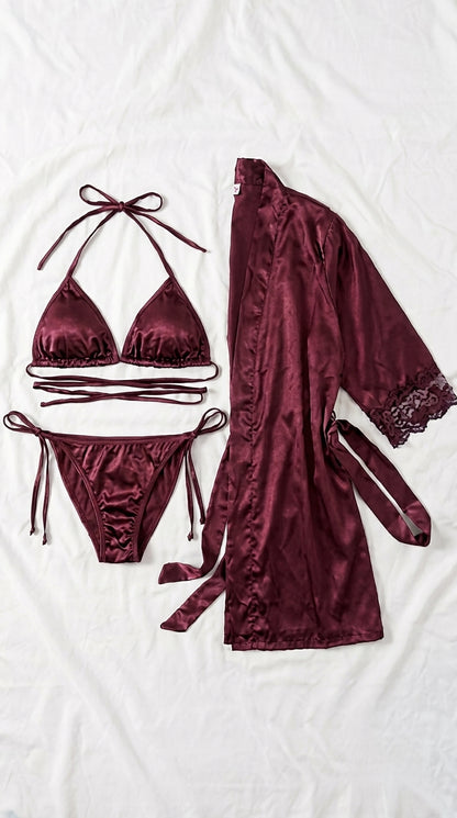 Elegant 3-Piece Bikini Nighty with Gown |Satin Nightwear Set with Robe | Bridal & Honeymoon Sleepwear