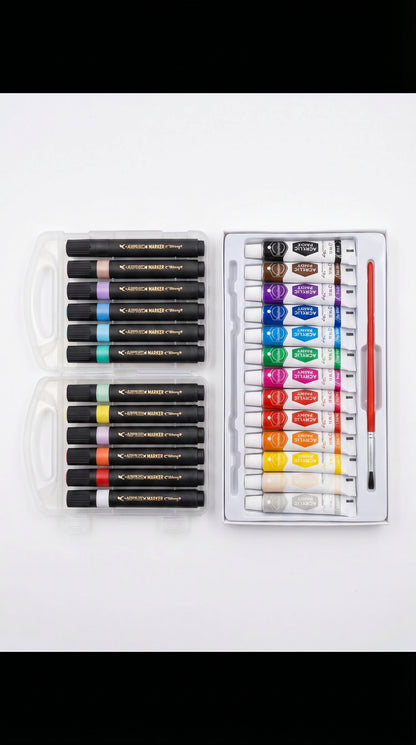 2-in-1 Paint Set – 12 Color Markers + Acrylic Paint Tubes Kit for Canvas, Wood, Glass & DIY Art