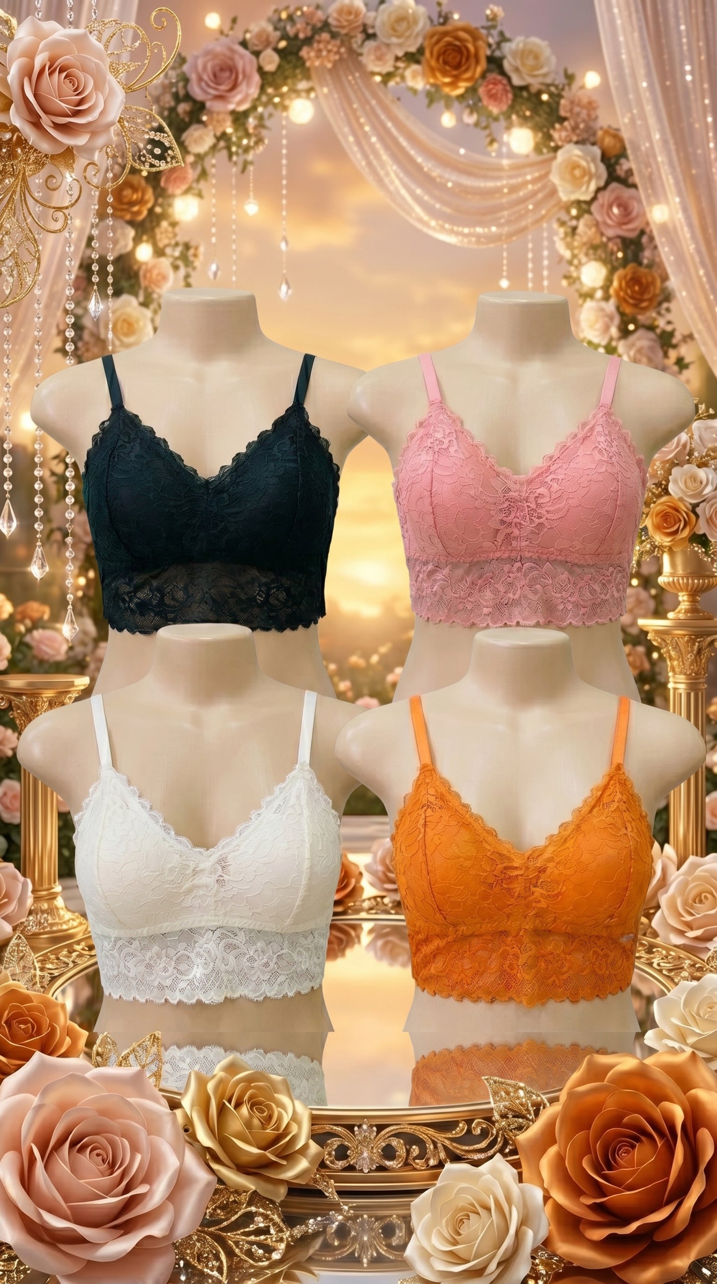 Pack of 4 Free Size Lace Bralette Bras for Women – Comfortable Wireless Padded Crop Top Bra Set (Black, White, Peach, Orange)