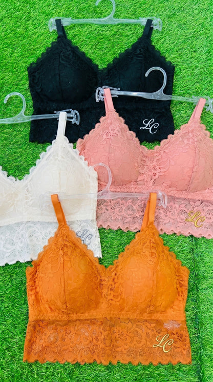 Pack of 4 Free Size Lace Bralette Bras for Women – Comfortable Wireless Padded Crop Top Bra Set (Black, White, Peach, Orange)