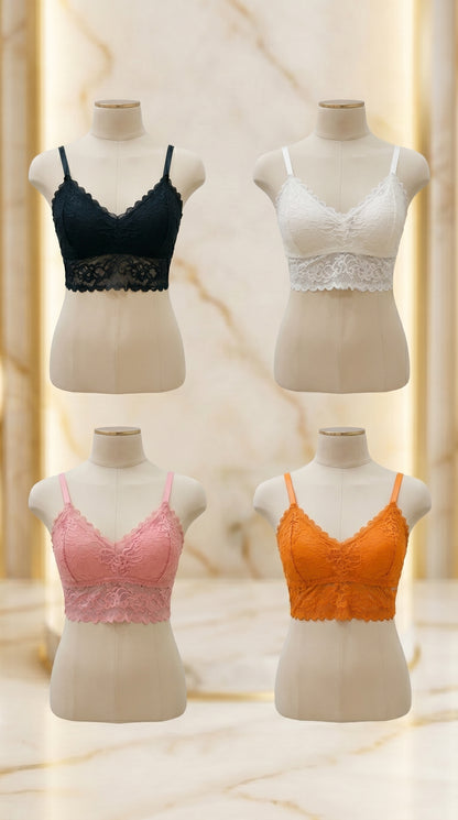 Pack of 4 Free Size Lace Bralette Bras for Women – Comfortable Wireless Padded Crop Top Bra Set (Black, White, Peach, Orange)