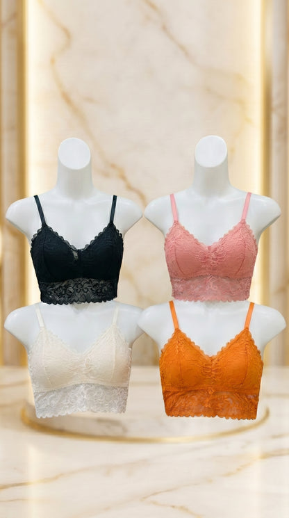 Pack of 4 Free Size Lace Bralette Bras for Women – Comfortable Wireless Padded Crop Top Bra Set (Black, White, Peach, Orange)