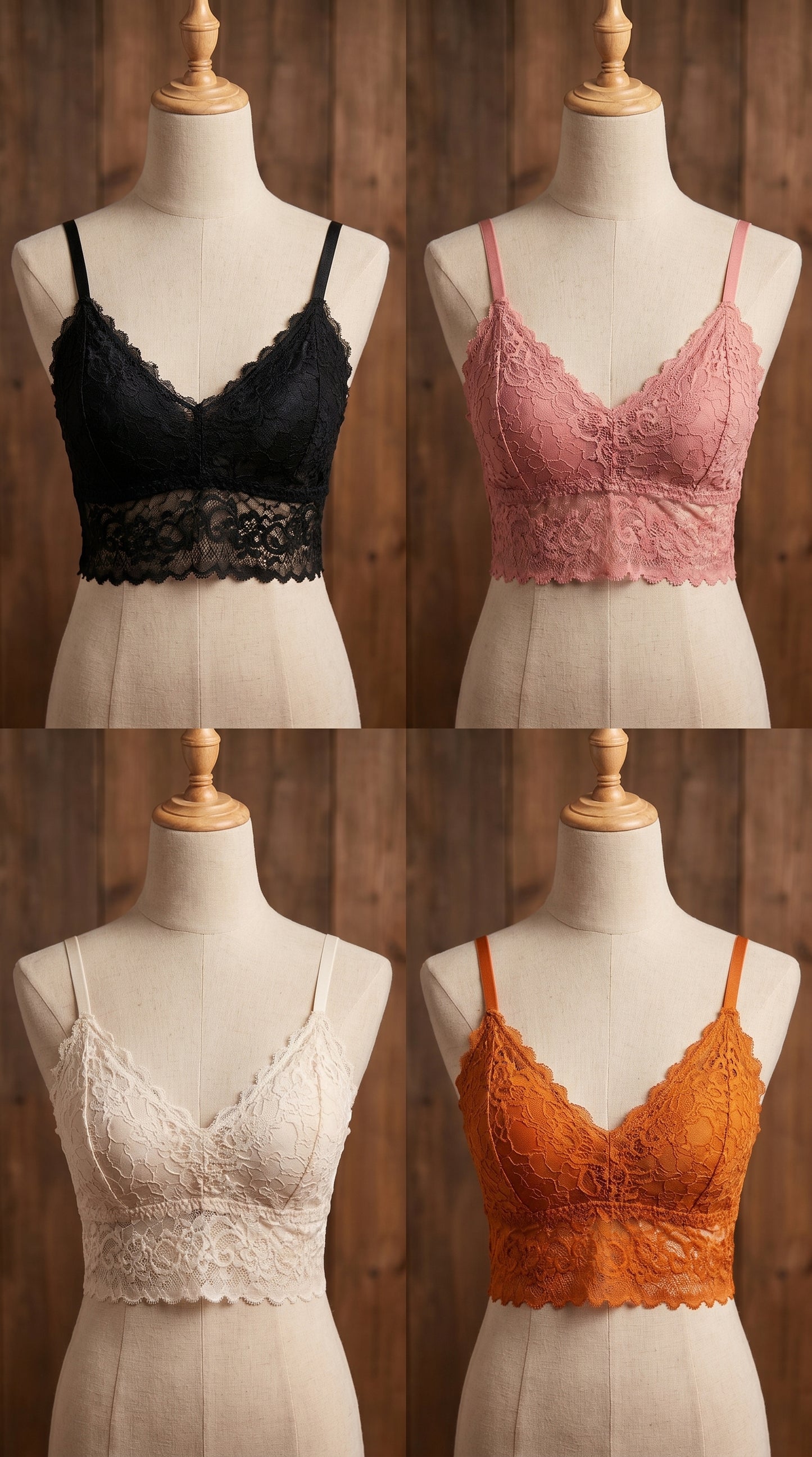 Pack of 4 Free Size Lace Bralette Bras for Women – Comfortable Wireless Padded Crop Top Bra Set (Black, White, Peach, Orange)
