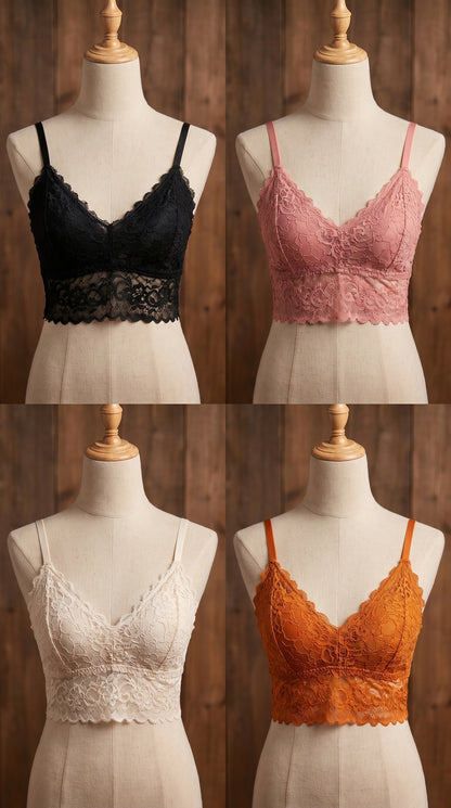 Pack of 4 Free Size Lace Bralette Bras for Women – Comfortable Wireless Padded Crop Top Bra Set (Black, White, Peach, Orange)