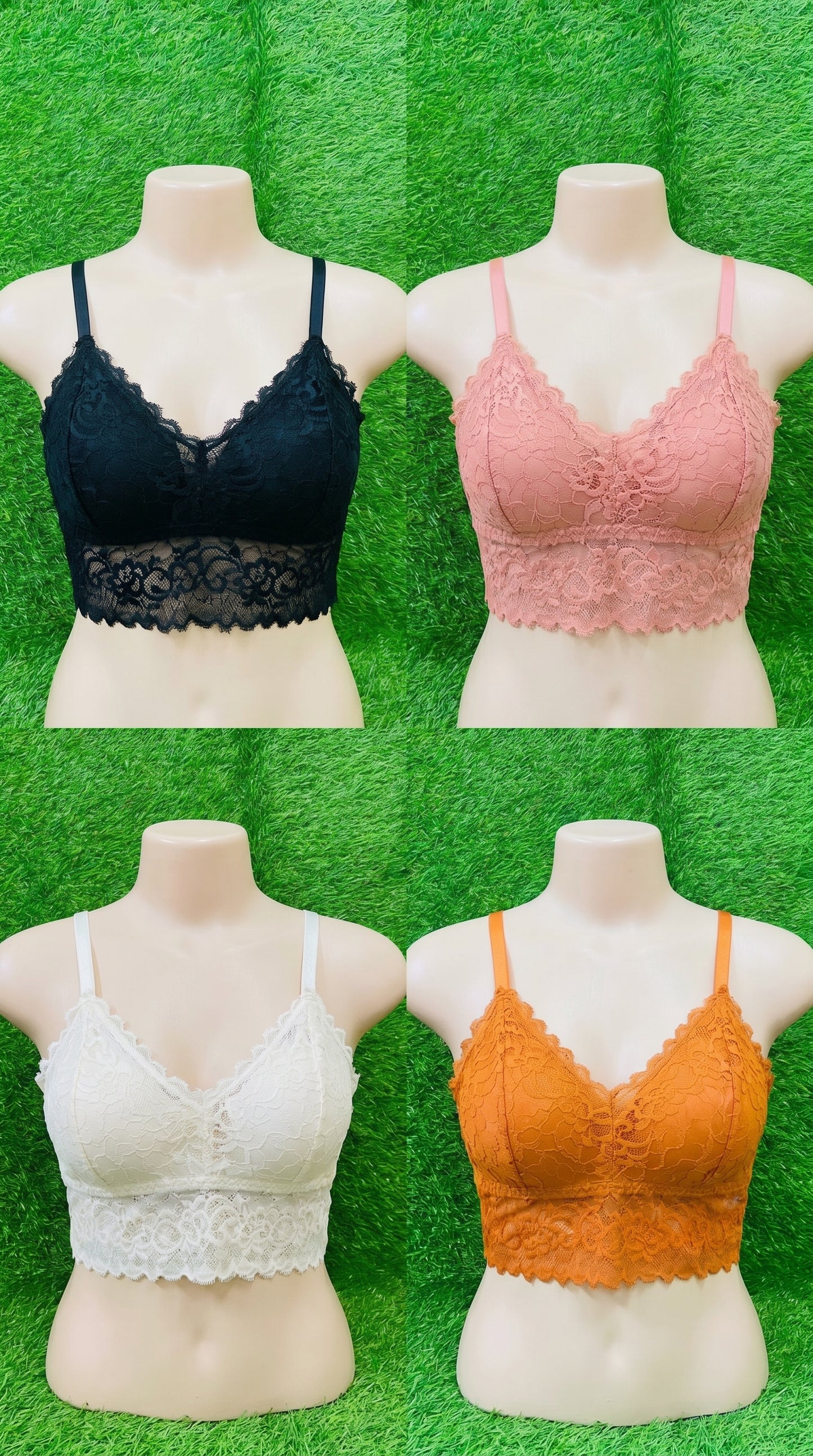 Pack of 4 Free Size Lace Bralette Bras for Women – Comfortable Wireless Padded Crop Top Bra Set (Black, White, Peach, Orange)