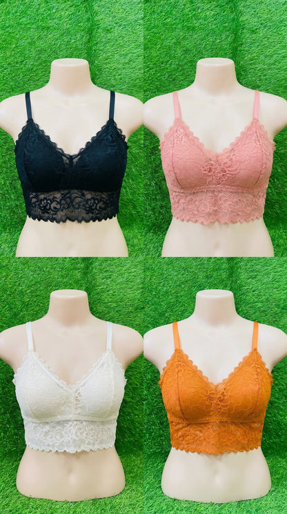Pack of 4 Free Size Lace Bralette Bras for Women – Comfortable Wireless Padded Crop Top Bra Set (Black, White, Peach, Orange)