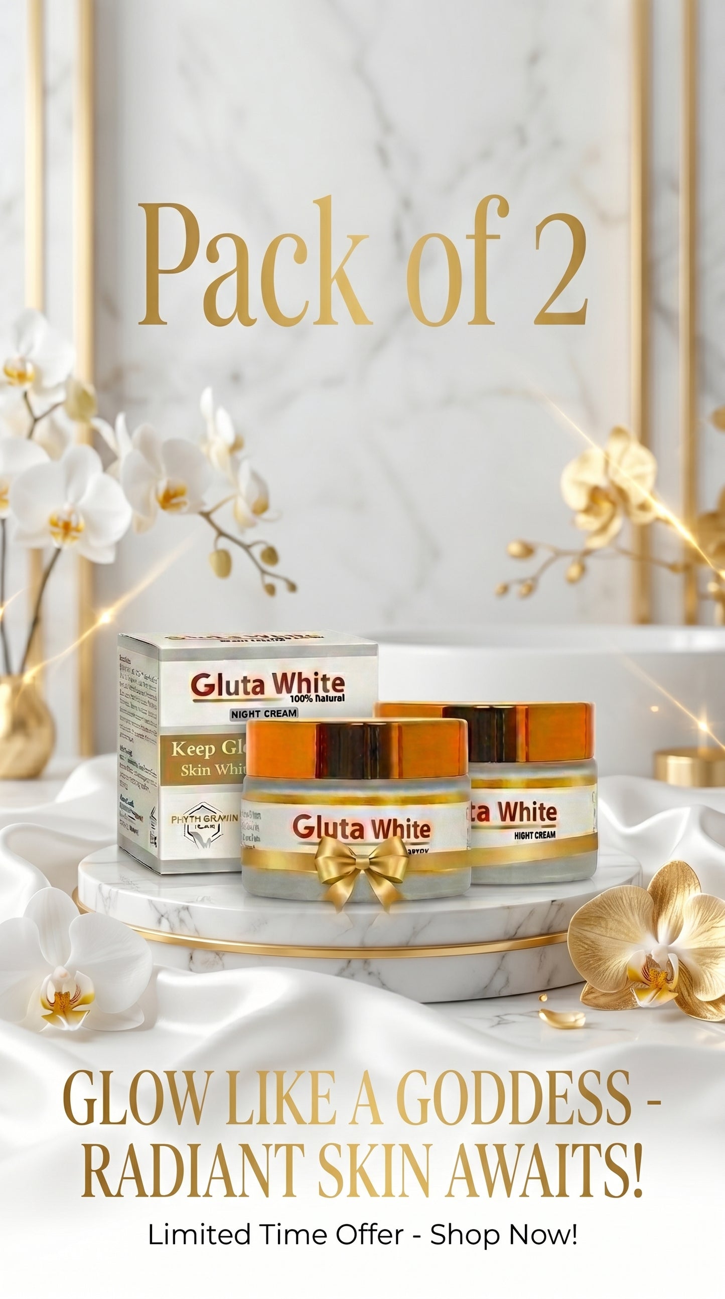 Gluta White 100% Natural Night Cream - Pack of 2 - Radiant Skin & Whitening Formula.