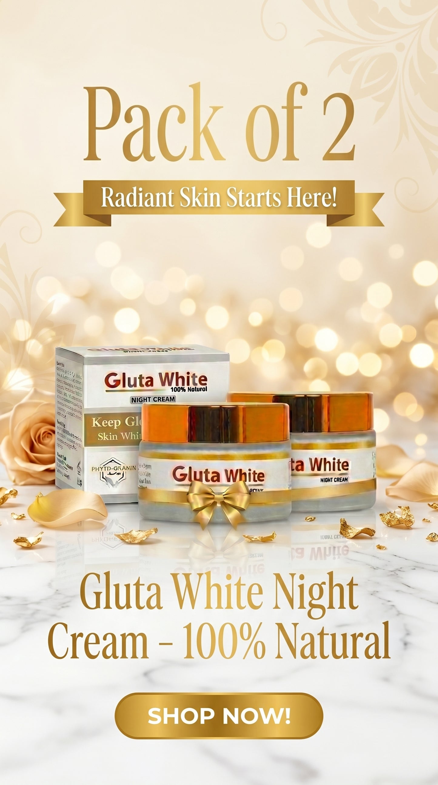 Gluta White 100% Natural Night Cream - Pack of 2 - Radiant Skin & Whitening Formula.