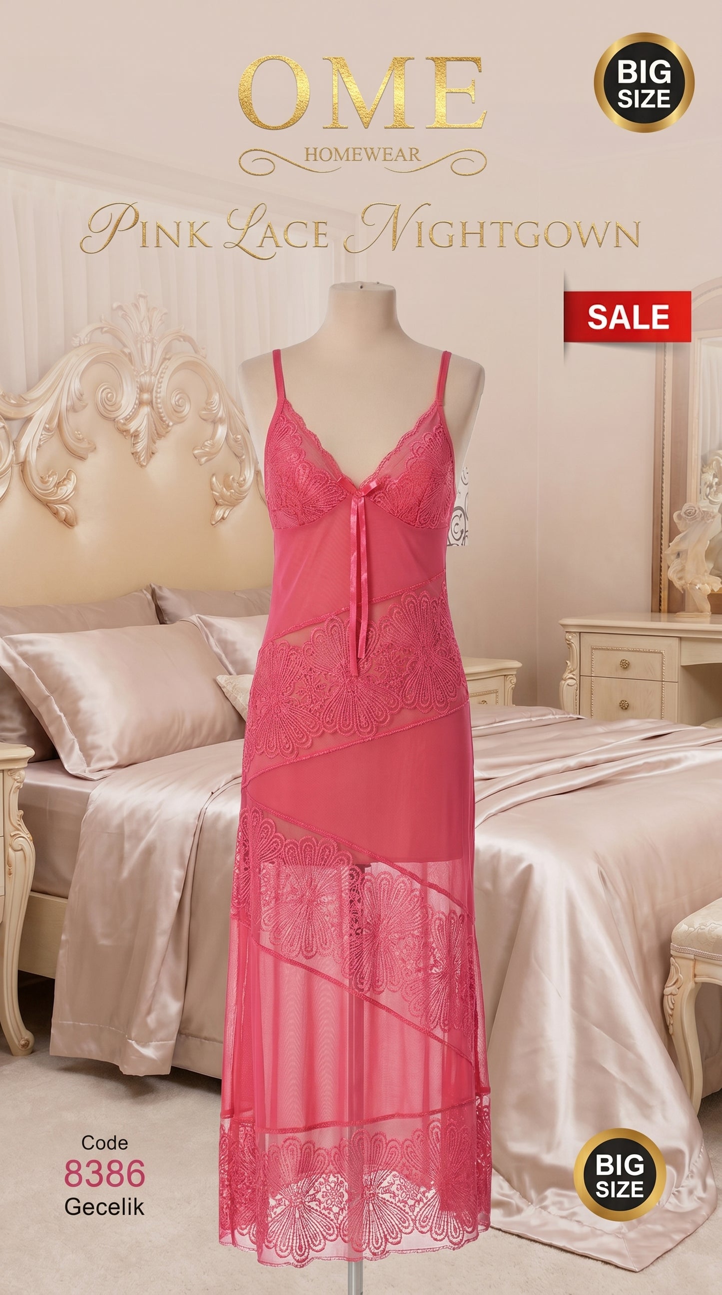 Elegant Lace Long Night Dress for Women – Pink Transparent Net Maxi Nighty, Bridal Sleepwear.