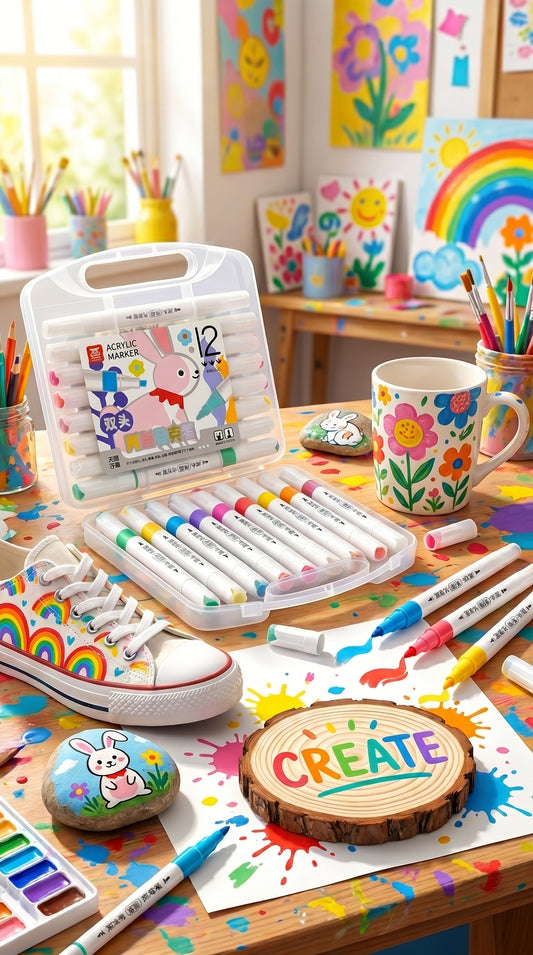 Dual Tip Acrylic Markers Set (12 Colors) – Fine & Broad Tips for Drawing, Crafts & Painting