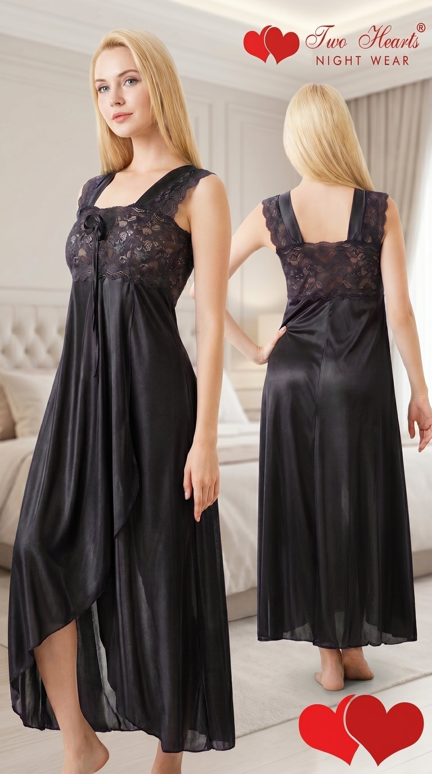Luxury Satin Lace Long Night Dress for Women – Navy Blue Maxi Nighty, Elegant Sleepwear with Sheer Finish