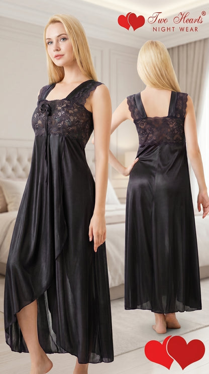Luxury Satin Lace Long Night Dress for Women – Navy Blue Maxi Nighty, Elegant Sleepwear with Sheer Finish