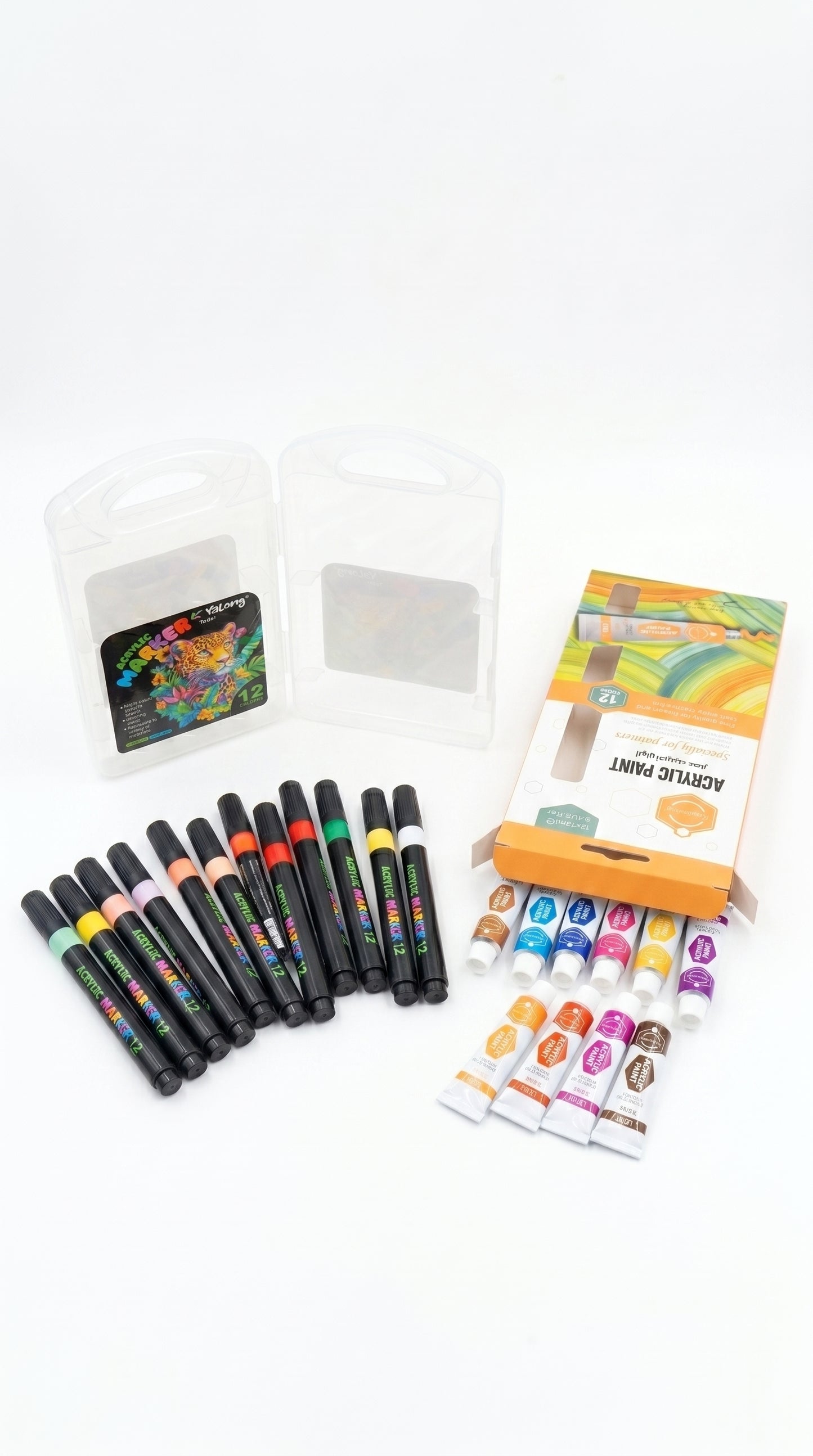 2-in-1 Paint Set – 12 Color Markers + Acrylic Paint Tubes Kit for Canvas, Wood, Glass & DIY Art