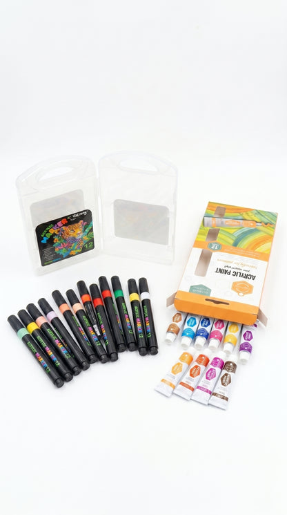 2-in-1 Paint Set – 12 Color Markers + Acrylic Paint Tubes Kit for Canvas, Wood, Glass & DIY Art