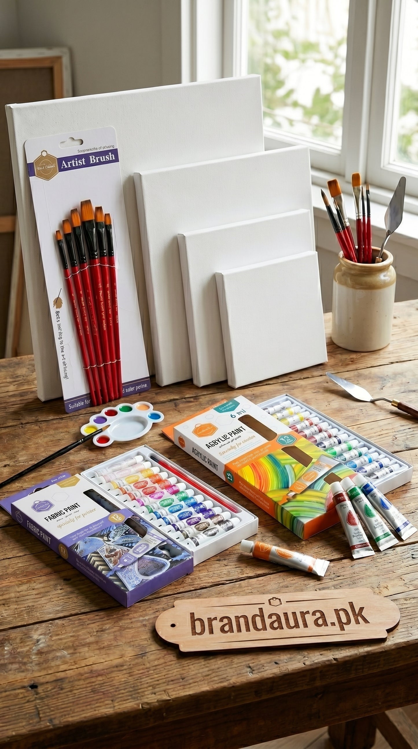Complete Acrylic & Fabric Painting Kit Bundle – Canvas Set (4x4 to 12x12), Artist Brushes, 24 Colors Paint Set
