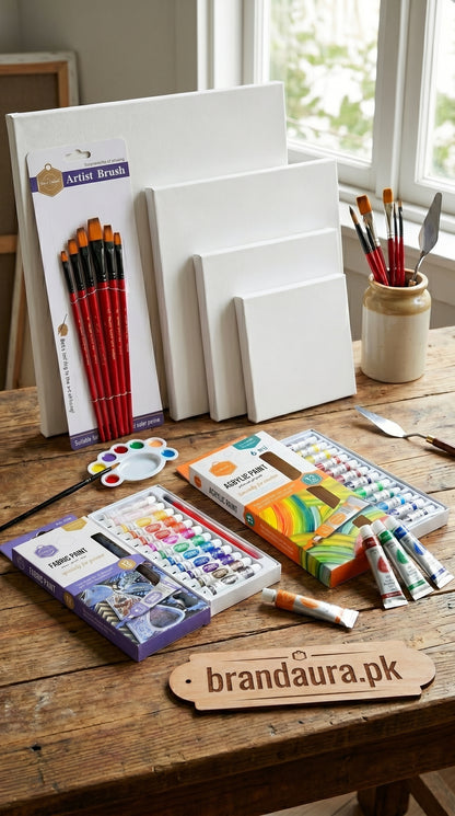 Complete Acrylic & Fabric Painting Kit Bundle – Canvas Set (4x4 to 12x12), Artist Brushes, 24 Colors Paint Set