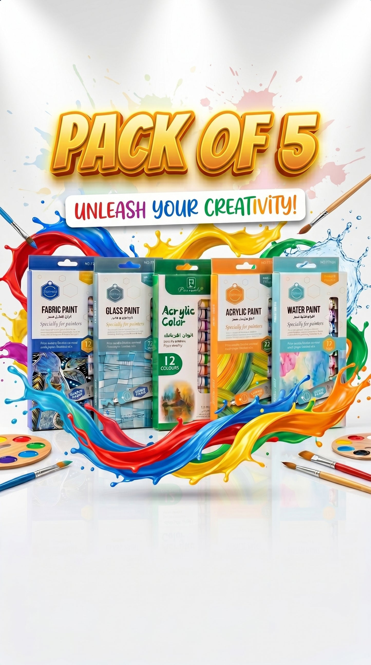 5-in-1 Paint Set – Acrylic, Glass, Fabric & Water Colors Kit (Pack of 5 x 12 Colors) | Professional Art Supplies for Beginners & Artists