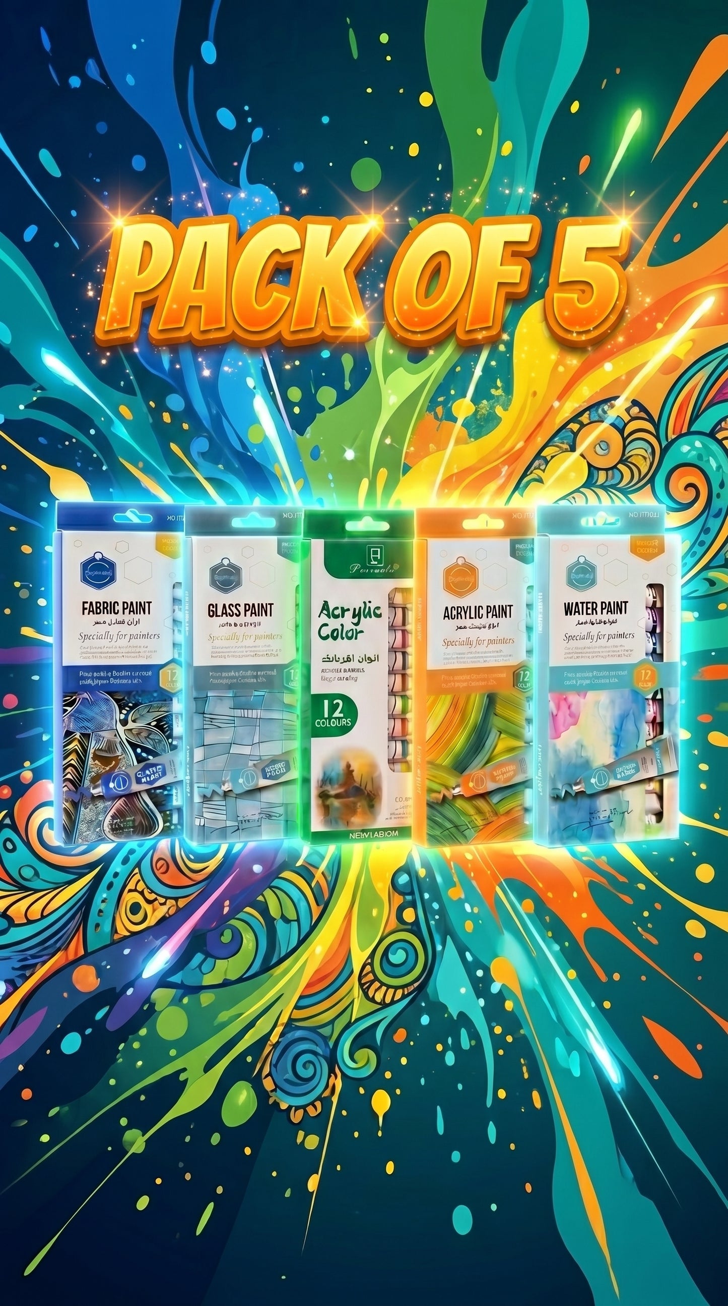 5-in-1 Paint Set – Acrylic, Glass, Fabric & Water Colors Kit (Pack of 5 x 12 Colors) | Professional Art Supplies for Beginners & Artists
