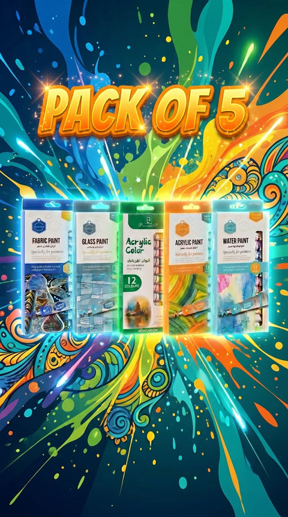 5-in-1 Paint Set – Acrylic, Glass, Fabric & Water Colors Kit (Pack of 5 x 12 Colors) | Professional Art Supplies for Beginners & Artists