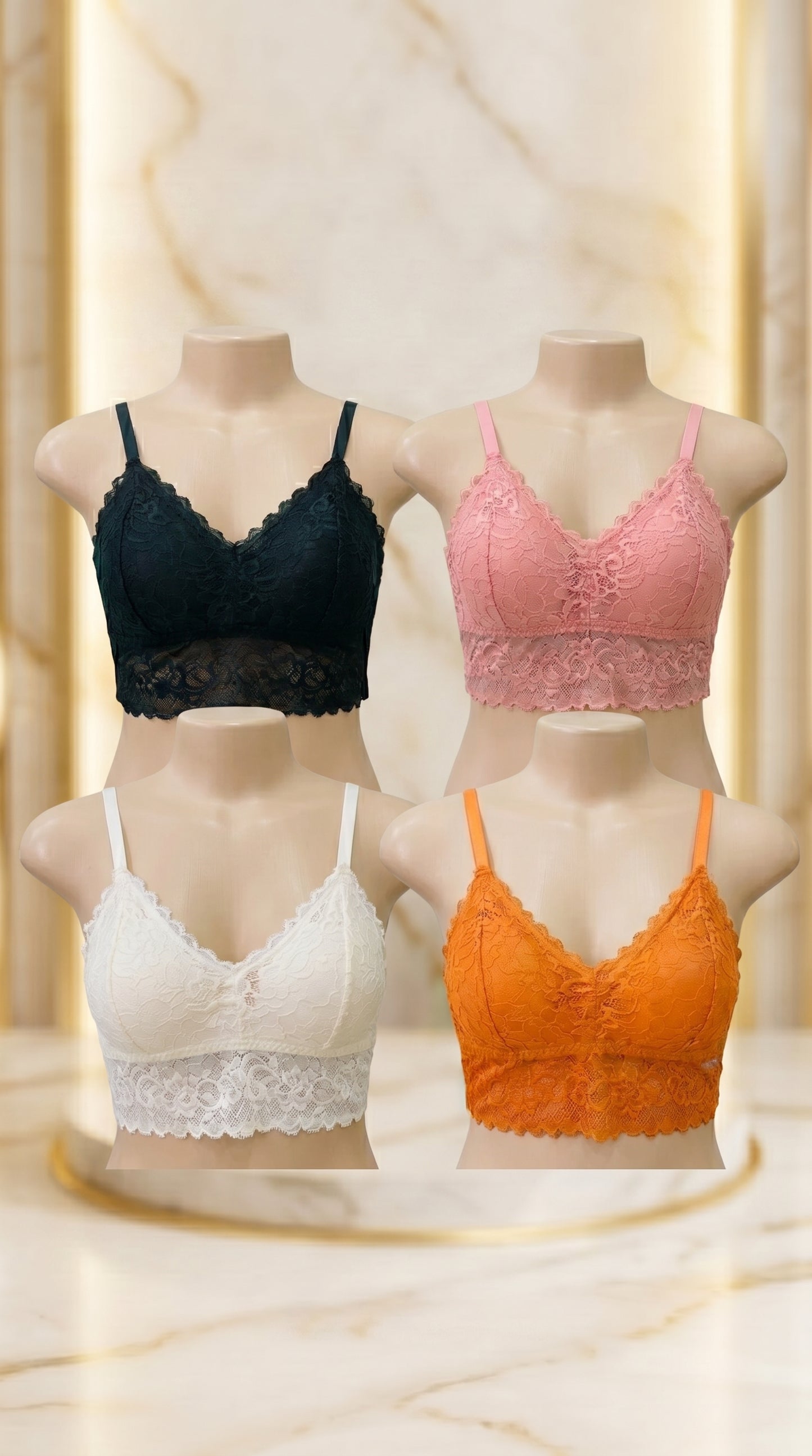 Pack of 4 Free Size Lace Bralette Bras for Women – Comfortable Wireless Padded Crop Top Bra Set (Black, White, Peach, Orange)