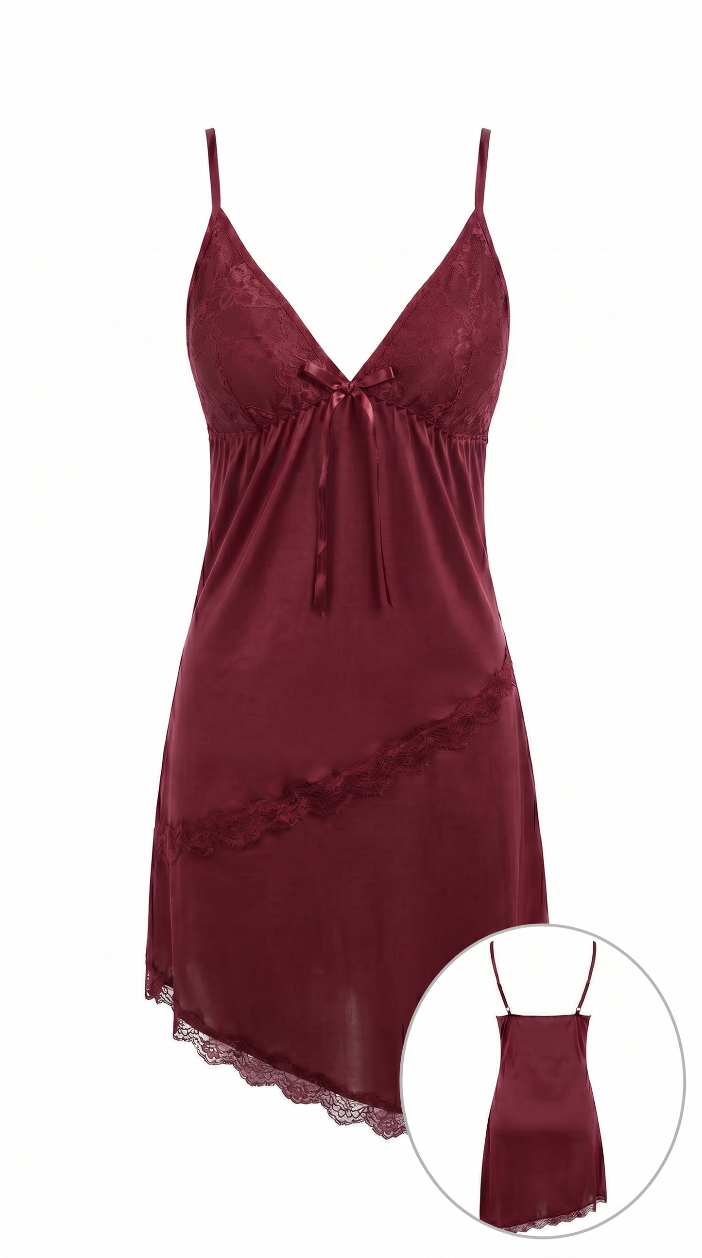 Luxury Satin Lace Night Dress for Women – Burgundy Silk Sleepwear, Sexy Slip Nighty with Adjustable Straps