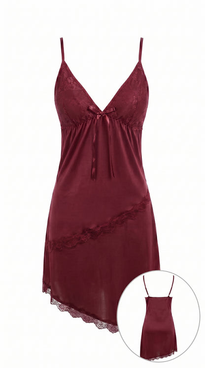 Luxury Satin Lace Night Dress for Women – Burgundy Silk Sleepwear, Sexy Slip Nighty with Adjustable Straps