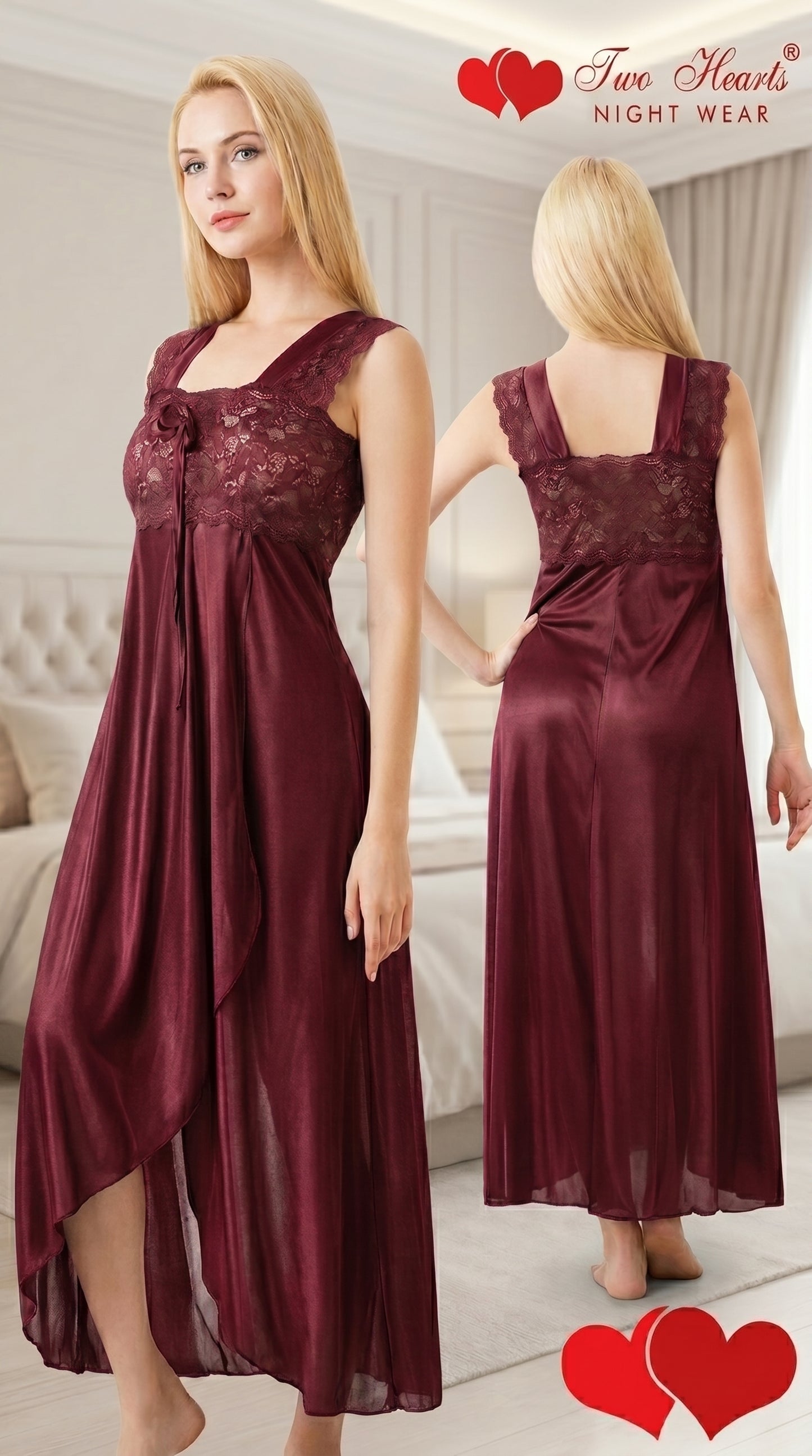 Luxury Satin Lace Long Night Dress for Women – Navy Blue Maxi Nighty, Elegant Sleepwear with Sheer Finish