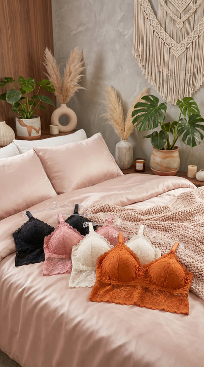 Pack of 4 Free Size Lace Bralette Bras for Women – Comfortable Wireless Padded Crop Top Bra Set (Black, White, Peach, Orange)