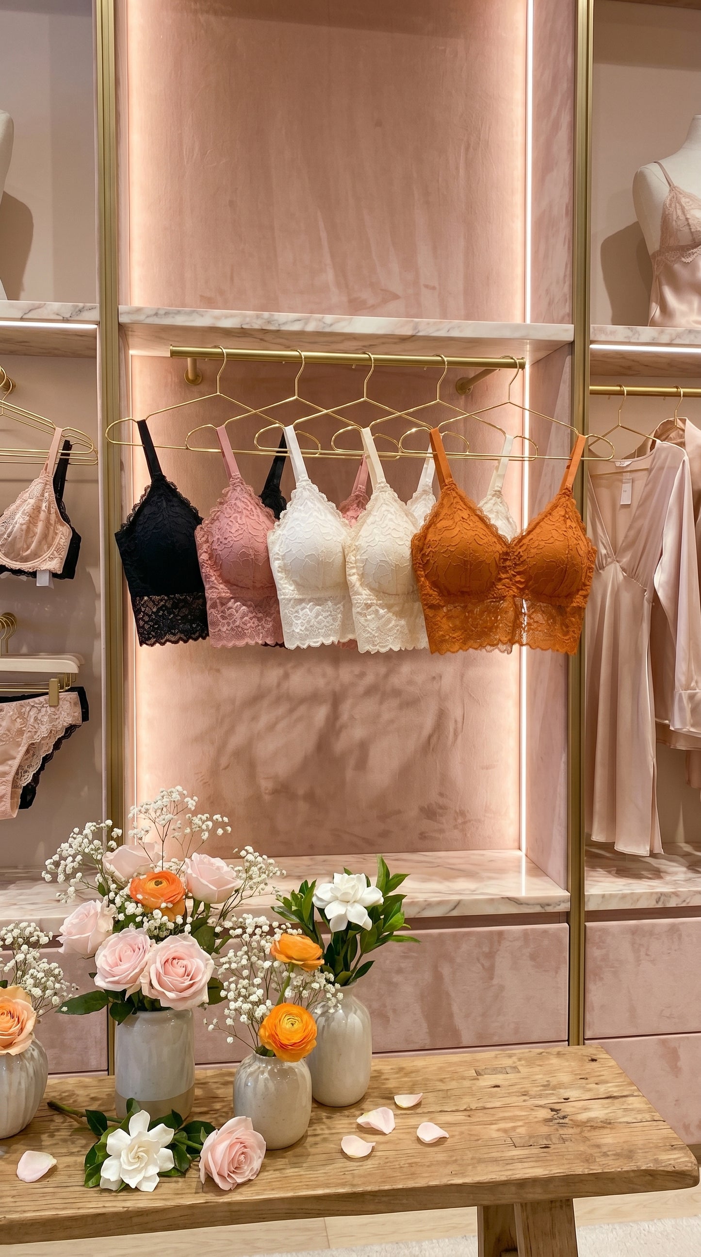 Pack of 4 Free Size Lace Bralette Bras for Women – Comfortable Wireless Padded Crop Top Bra Set (Black, White, Peach, Orange)