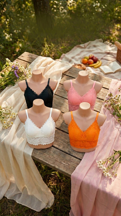 Pack of 4 Free Size Lace Bralette Bras for Women – Comfortable Wireless Padded Crop Top Bra Set (Black, White, Peach, Orange)